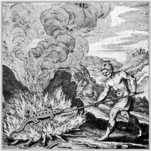 Alte Zeichnung von einem Mann der einen Salamander im Feuer verbrennt